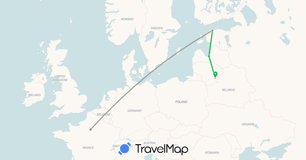 TravelMap itinerary: driving, bus, plane in Estonia, France, Lithuania, Latvia (Europe)